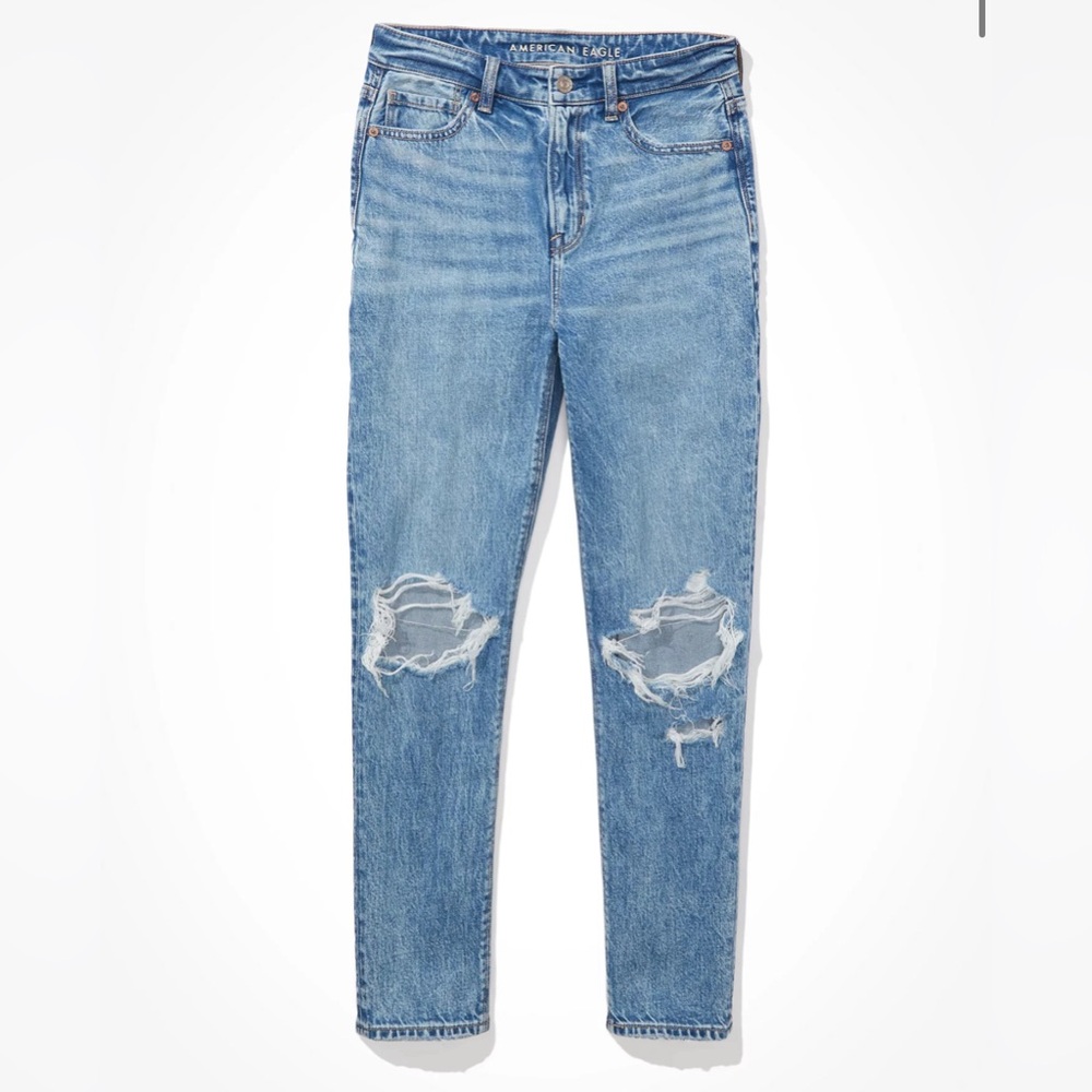 Blue Light Wash American Eagle Ripped Knee High Rise Mom Jeans Regular Size 6